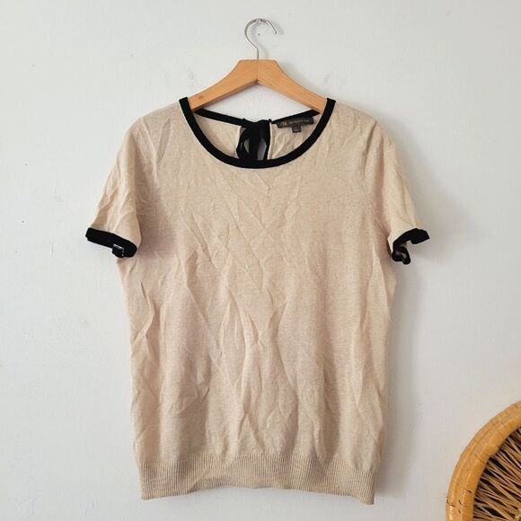 Outback Red Linen Blend Tie Back Tee Beige Black Short Sleeve M Knit - Picture 1 of 7